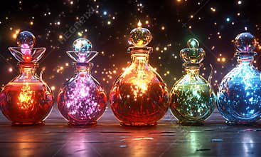 Colorful magical elixirs in glass bottles, glowing with vibrant light, sit on a dark wooden surface. Sparkling particles float in