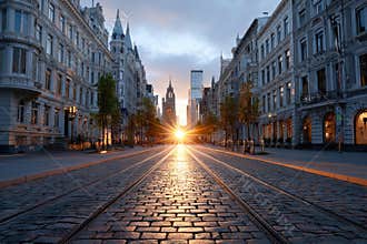 Cobblestone street at sunrise with historic buildings