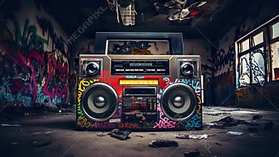vintage musical cassette boombox by graffiti wall illustration 4k