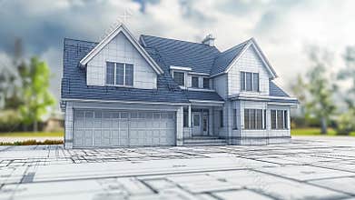 Classic suburban house model standing on architectural plans with blurred green scenery