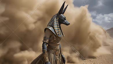 Representation of Anubis standing amidst a swirling sandstorm in an ancient desert