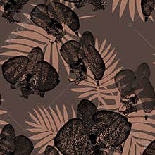 Dark tropical leaves and orchid flowers seamless pattern.
