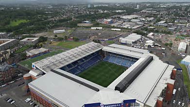 4K drone footage of Ibrox Stadium, home of Glasgow Rangers, in Strathclyde