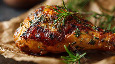 Juicy roasted chicken leg garnished with fresh herbs on rustic parchment paper