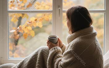 Woman Wrapped in Blanket Drinking Coffee by Window