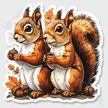 Cute Autumn Squirrels with Acorns Illustration Sticker
