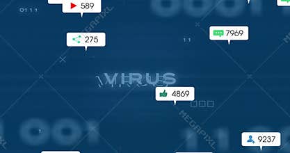 Glitching virus text, notification icons emerging, numbers rising showing digital contagion
