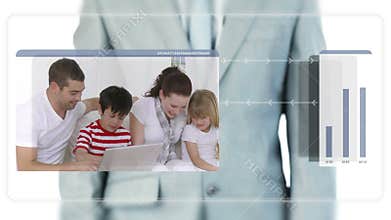 Businessman activating videos about families