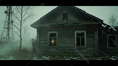 Abandoned house in a snowy, eerie landscape.