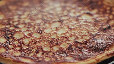 Close up of golden brown pancakes cooking on a griddle, forming a visually appealing repeating pattern, steam gently