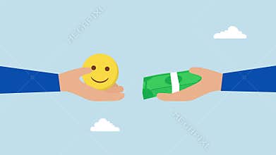 Money can buy happiness, 4k animation of businessman offers cash to purchase joy facial expression