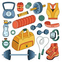 Big colourful doodle fitness set with inventory for pilates, powerlifting, workout. Lovely hand drawn sport collection with heavy