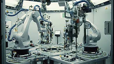 Inside GPS Satellite Alignment Calibration Room Featuring Advanced Robotic Arms Calibrating Satellite Components Showing