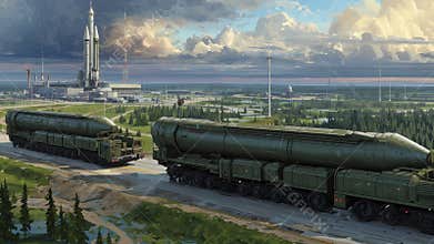 Military convoy moving massive intercontinental ballistic missile on specialized launcher across wooded terrain, rocket