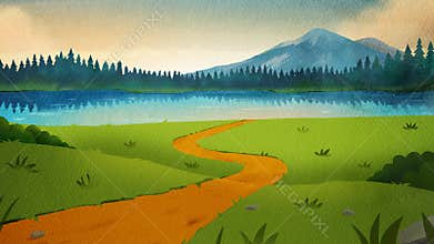 Watercolor camping background with lake, mountains and green forest. Outdoor travel and tourism landscape with scenic nature and