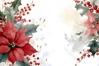 Christmas Watercolor Background with Poinsettia and Holly Decoration AI-generated