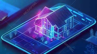 Futuristic smart home management app displaying hologram of house on smartphone