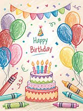 A cheerful birthday scene with a cake, balloons, and crayons celebrating childhood