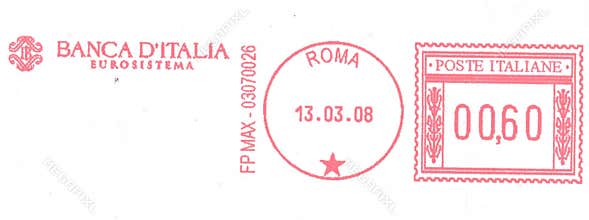 2008 Italian Bank of Italy Eurosystem Postal Frank with Rome Postmark and 0.60 Euro Poste Italiane Meter Stamp
