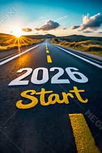 Happy New Year Greeting postcard Card lettering 2026 Start on Empty Highway Road AI Generative