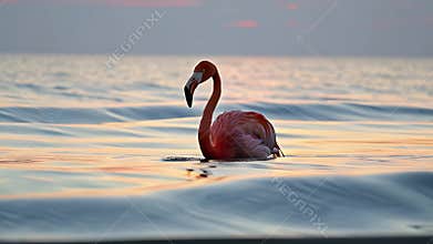 Solitary Pink Flamingo Gliding Elegantly Across Calm Oceanic Waters Beneath a Sunset Horizon