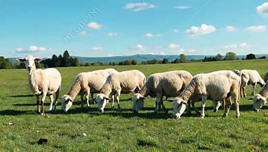 Flock of sheep grazing peacefully in a green pasture under a bright blue sky on a sunny day