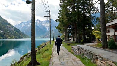 Man in suit walks along a scenic lakeside path with mountains in the background on a sunny day