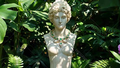 Elegant emerald necklace adorns a classical bust statue in a lush green garden setting