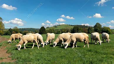 Flock of sheep grazing peacefully on a lush green pasture under a bright blue sky with clouds
