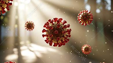Red Coronavirus Virions Floating with Sunlight Streaks on Blurry Background to Emphasize Contagion Danger and Spread Prevention