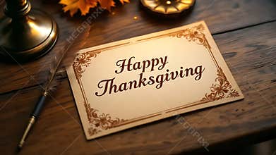 Happy Thanksgiving Greeting Card with Quill Pen on Rustic Wood