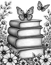 Coloring page for adults with stacked books flowers, butterfly. Intricate line art illustration for relaxation hobby. Creative