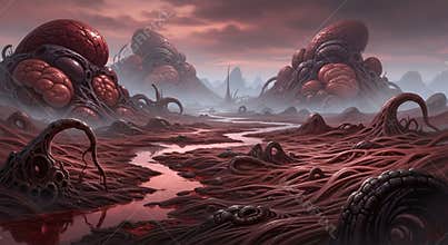 Alien Landscape with Organic Structures and Eerie Atmosphere