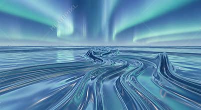 Aurora Borealis over a frozen landscape with flowing ice patterns
