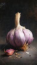 Purple Garlic Bulb in Classic Still Life Composition