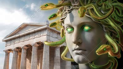 Medusa Portrait With Snakes and Ancient Greek Temple in Background During Daytime