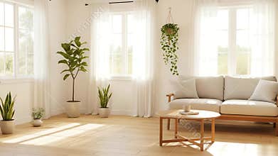 Sunlight streaming into a bright, airy living room with thriving indoor plants and a cozy sofa perfect for relaxation