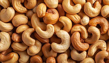 Many tasty cashew nuts as background, top view