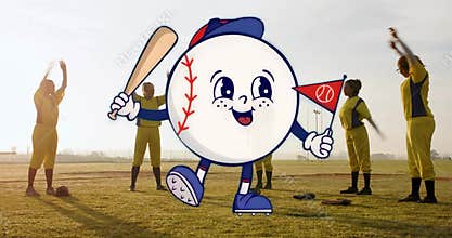 Walking cartoon baseball mascot holding bat and pennant on field at sunset, over players warming up