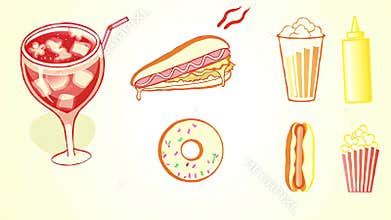 Pastel-Themed Collection of Fast-Food Icons Featuring Drinks, Donut, Fries and Hot Dog