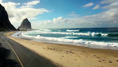 Scenic coastal road runs alongside a sandy beach with waves crashing under a blue sky day