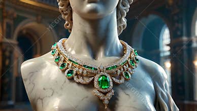 Emerald and diamond necklace displayed on a marble bust in an opulent palace setting indoors