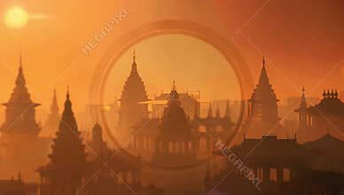Golden cityscape with ancient temples bathed in warm sunlight during a hazy sunset scene view