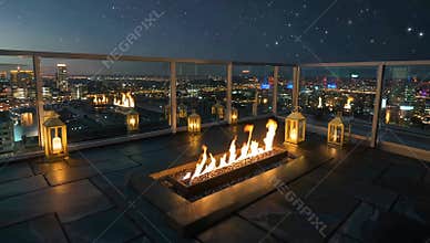 Rooftop fire pit glows against a stunning cityscape under a starry night sky panorama view