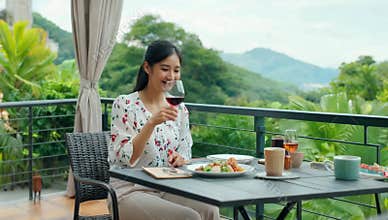 Elegant woman enjoys red wine and a meal on a scenic balcony overlooking lush green mountains