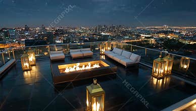 Luxurious rooftop terrace with a modern fire pit and stunning city skyline at night view