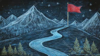 Reaching Top Mountain Success With Red Flag in Dark Starry Night