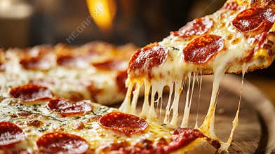 Pepperoni Pizza With Melting Cheese Being Pulled From Whole Pizza Next To Fire