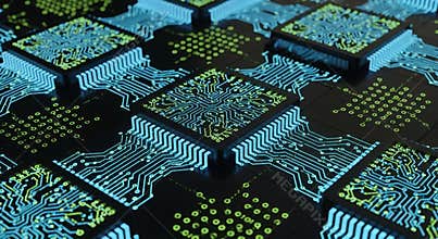 Futuristic glowing blue and green computer processors on a circuit board