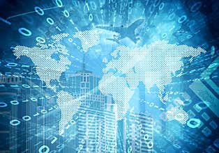 Glowing figures and world map. Hi-tech background